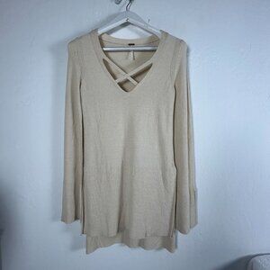 Free People Womens Criss Cross Tunic Sweater XS Beige Linen Blend Pullover